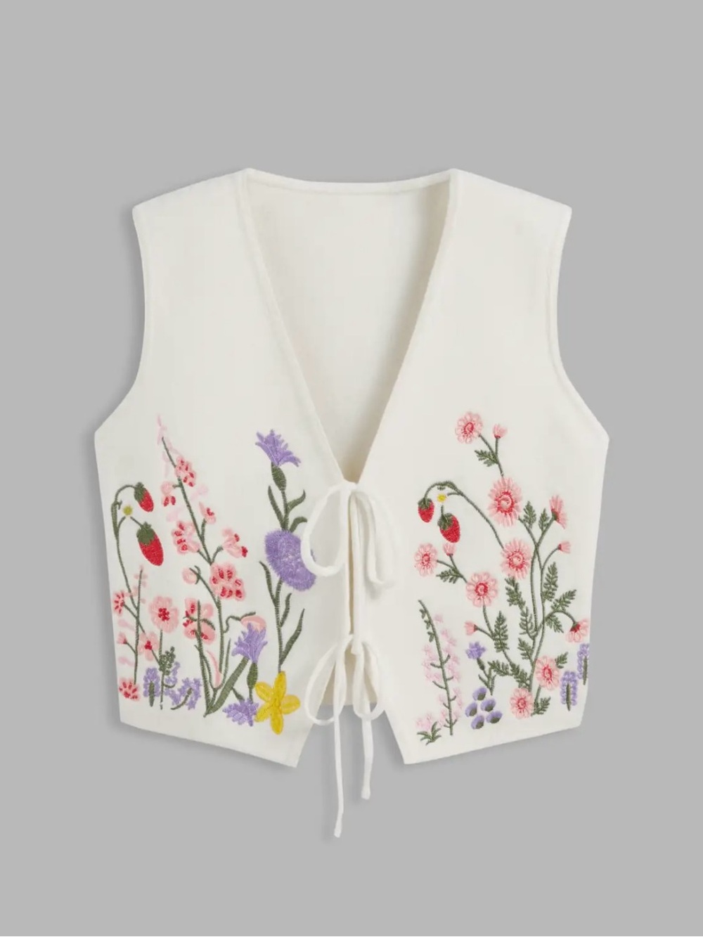 Cider White Embroidered Floral Tie-Front Crop Vest
